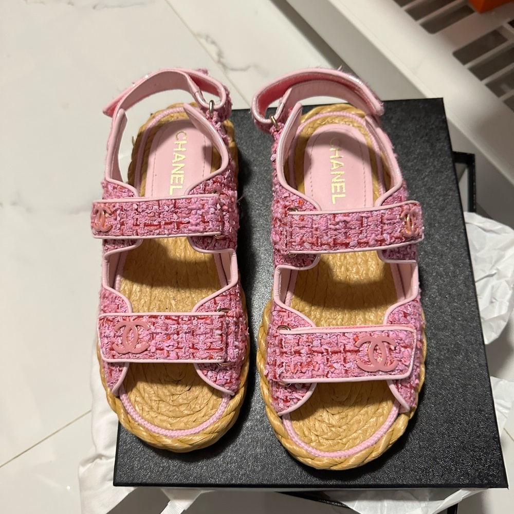 Chanel pink tweed dad sandal